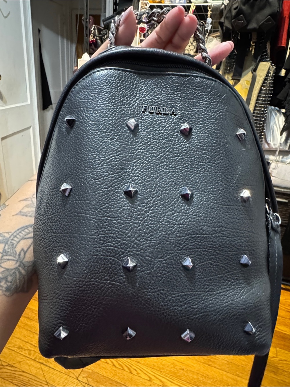 Furla Black Pebbled Leather Mini Backpack with Silver Studs - Picture 3 of 15
